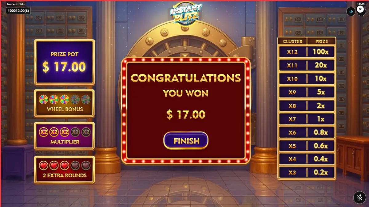 Tampilan visual slot Instant Blitz dengan tema brankas bank neon dan simbol-simbol arcade.