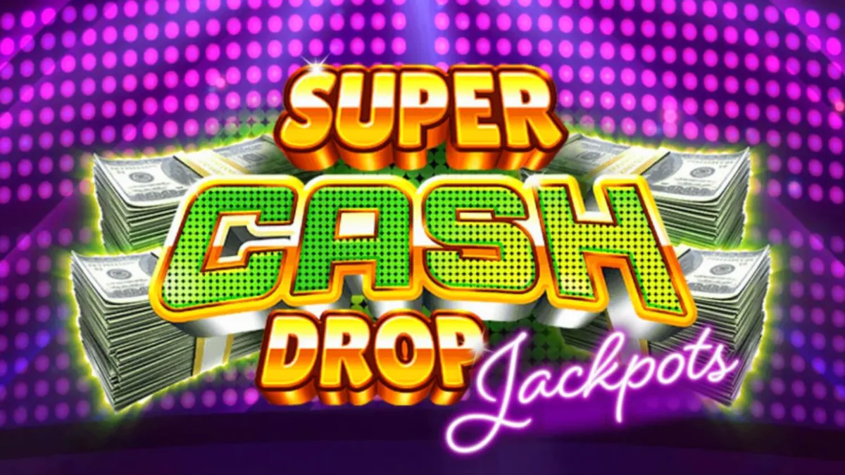 Tampilan visual neon dari permainan slot Super Cash Drop Jackpots